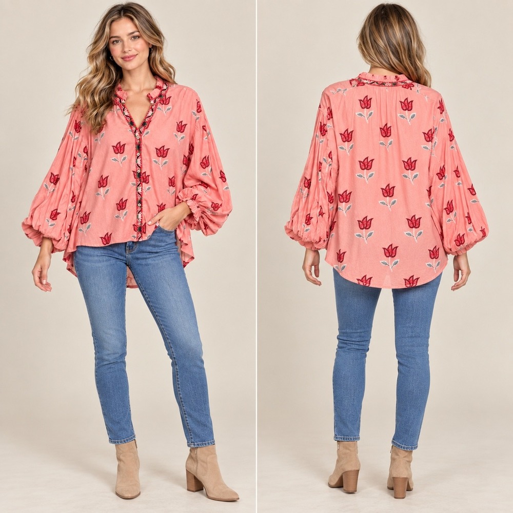 Printfresh Top Womens 2X Pink Excellent Tulip Print Balloon Sleeve Cotton Blouse